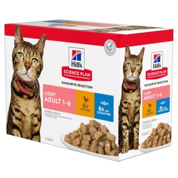SCIENCE PLAN Light Adult Multipack Huhn 12x85 g Hill's Science Plan Katzenfutterbox mit einer getigerten Katze, beschriftet 'Light Adult 1-6', enthält 6 Portionen Huhn und 6 Portionen Meeresfisch.