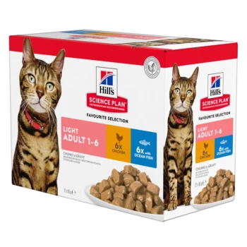 Hill's Science Plan Katzenfutterbox mit einer getigerten Katze, beschriftet 'Light Adult 1-6', enthält 6 Portionen Huhn und 6 Portionen Meeresfisch.