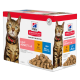 Hill's Science Plan Katzenfutterbox mit einer getigerten Katze, beschriftet 'Light Adult 1-6', enthält 6 Portionen Huhn und 6 Portionen Meeresfisch.