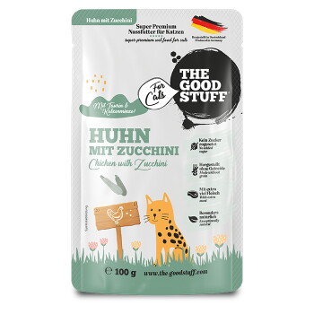Weißer Beutel des Katzenfutters 'THE GOOD STUFF' mit der Aufschrift 'Huhn mit Zucchini / Chicken with Zucchini', 100 g, illustrierte Katze