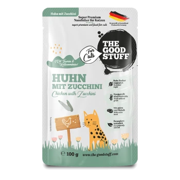 Weißer Beutel des Katzenfutters 'THE GOOD STUFF' mit der Aufschrift 'Huhn mit Zucchini / Chicken with Zucchini', 100 g, illustrierte Katze