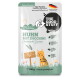 Weißer Beutel des Katzenfutters 'THE GOOD STUFF' mit der Aufschrift 'Huhn mit Zucchini / Chicken with Zucchini', 100 g, illustrierte Katze