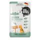 Weißer Beutel des Katzenfutters 'THE GOOD STUFF' mit der Aufschrift 'Huhn mit Zucchini / Chicken with Zucchini', 100 g, illustrierte Katze