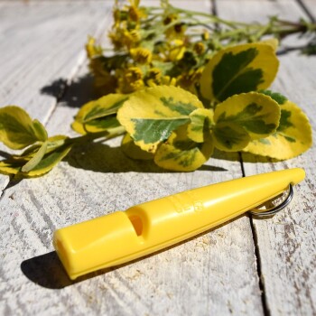 Hand hält eine gelbe 80mm Pfeife mit Schlüsselring und Lanyard, deutscher Text hebt Größe, Hygiene, praktischen Verschluss und Anleitung hervor.