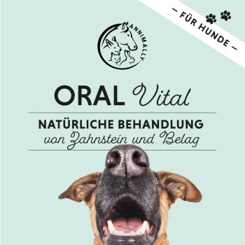 Hund mit offenem Mund auf hellgrünem Hintergrund, Text "ORAL Vital NATÜRLICHE BEHANDLUNG" und "ANIMALLY"-Logo.