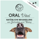 Hund mit offenem Mund auf hellgrünem Hintergrund, Text "ORAL Vital NATÜRLICHE BEHANDLUNG" und "ANIMALLY"-Logo.
