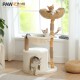 Drei Katzen auf einem beigen mehrstöckigen Kratzbaum an einem Fenster; oben links Logo „PAW ROAD“ und Slogan „WONDERFUL PETS COLORFUL LIFE!“.