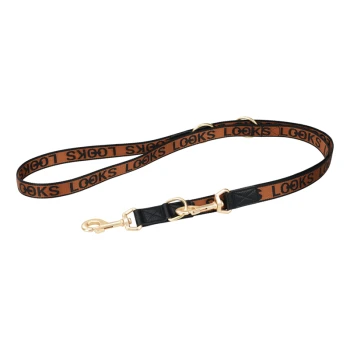 Une laisse de chien élégante avec une sangle marron portant l'inscription 'LOOKS' en noir, et un clip en métal doré pour l'attache.