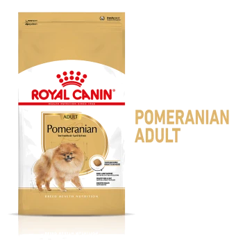 Royal Canin Pomeranian Adult hondenvoer zak met een fluffy Pomeranian illustratie en tekst over voedingsvoordelen.