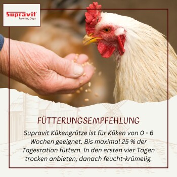 Hand füttert Körner an ein weißes Huhn mit rotem Kamm, Supravit Farming Days Logo und deutscher Fütterungsanleitung.
