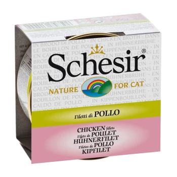 Schesir Nature für Katzen, Hühnerfilets in Brühe verpackt, mit mehreren Sprachen und einem bunten Logo.