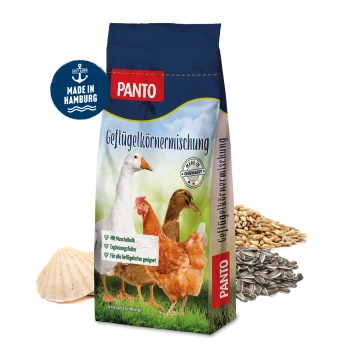 GKM GEFLÜGELKÖRNERMISCHUNG 25kg PANTO Geflügelkörnermischung Beutel mit einer Gans, einem Huhn und einer Ente auf Gras; Text: "Mit Muschelkalk," "Ergänzungsfutter," "Für alle Geflügelarten."