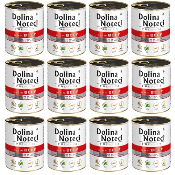 Premium Adult bogata w wołowinę puszka 12x800 g Dwanaście puszek karmy dla psów Dolina Noteci Premium, oznaczonych "Rich in Beef", z białym i czerwonym wzorem oraz ikonami dla pełnowartościowego odżywiania.