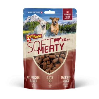 Emballage de friandises pour chiens DeliBest Soft Meaty avec scène de montagne, mettant en avant "Fresh Meat," "Gluten Free," et "Training Snack."