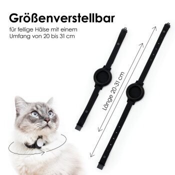 Verpackung für ein schwarzes Katzenhalsband mit einer Katze mit blauen Augen, beschriftet mit "Nemo Katzenhalsband," und einem Text, der die AirTag-Kompatibilität angibt.