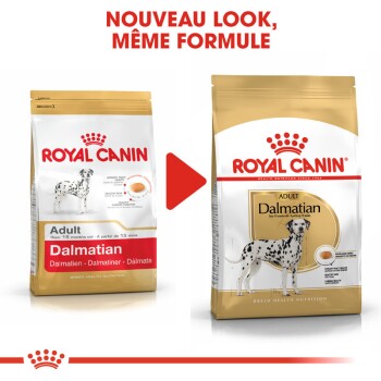 Comparaison de l'emballage de la nourriture pour chiens Royal Canin Dalmatian Adult, présentant un nouveau design avec le texte "NOUVEAU LOOK, MÊME FORMULE."
