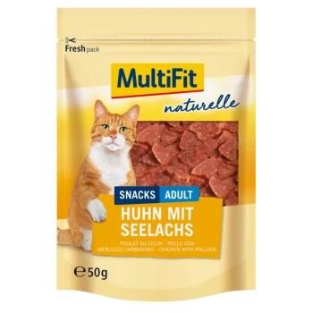 Cat treat packaging featuring a ginger cat, with the text "MultiFit naturelle" and "Huhn mit Seelachs" (Chicken with Pollock) on a 50g bag.