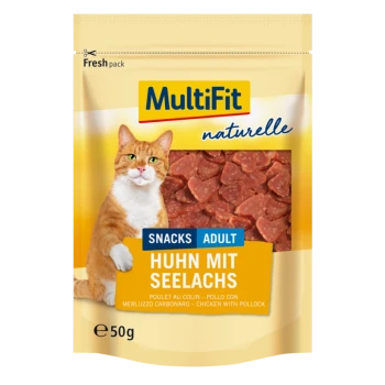 Cat treat packaging featuring a ginger cat, with the text "MultiFit naturelle" and "Huhn mit Seelachs" (Chicken with Pollock) on a 50g bag.
