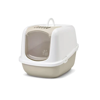 Beige-weiße Katzenstreu-Box mit Deckel, Pfotenabdruck auf der transparenten Klapptür und Griff oben.