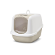 Beige-weiße Katzenstreu-Box mit Deckel, Pfotenabdruck auf der transparenten Klapptür und Griff oben.