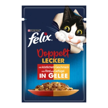 Felix Katzenfutterbeutel mit einer verspielten Katze, die durch ein zerrissenes Papier schaut, beschriftet mit "Doppelt Lecker" mit Rind- und Geflügelgeschmack in Gelee.