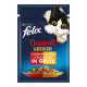 Felix Katzenfutterbeutel mit einer verspielten Katze, die durch ein zerrissenes Papier schaut, beschriftet mit "Doppelt Lecker" mit Rind- und Geflügelgeschmack in Gelee.