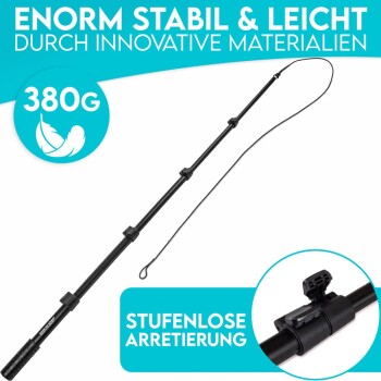 Leichte und stabile Angelrute, 380g, mit rutschfestem Griff und verstellbarem Verriegelungsmechanismus, mit Text in Deutsch.