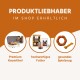 Banner: 'PRODUKTLIEBHABER IM SHOP ERHÄLTLICH' über Symbolen für Premium Kauartikel, hochwertiges Futter und gesundes Spielzeug.