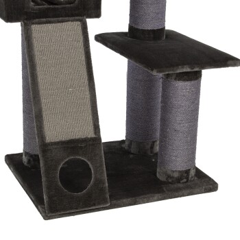 Katzenbaum mit einem Kratzbaum, zwei Plattformen und einem runden Loch, ausgestattet mit einem weichen grauen Stoff und einer strukturierten Kratzoberfläche.