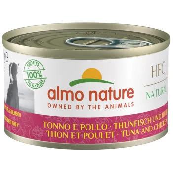 Classic 24x95g Thunfisch und Huhn Almo Nature Haustierfutterdose, die eine Hundesilhouette zeigt, mit der Bezeichnung "Thunfisch und Huhn" in mehreren Sprachen, mit einem "100% to Nature"-Logo.