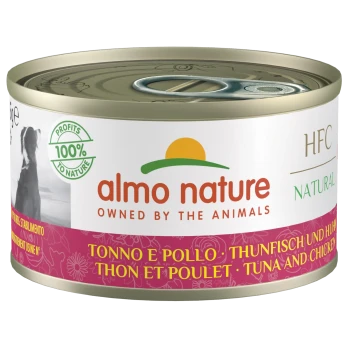 Almo Nature Haustierfutterdose, die eine Hundesilhouette zeigt, mit der Bezeichnung "Thunfisch und Huhn" in mehreren Sprachen, mit einem "100% to Nature"-Logo.
