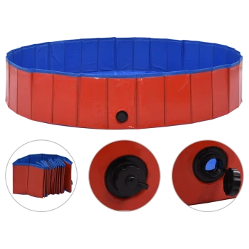 Roter und blauer zusammenklappbarer Haustierpool mit einem Ablassventil, mit Bildern seines gefalteten Zustands und Ventildetails.