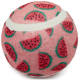 Pink fuzzy pet ball with watermelon-slice pattern and white seam stripe; product label area blurred.