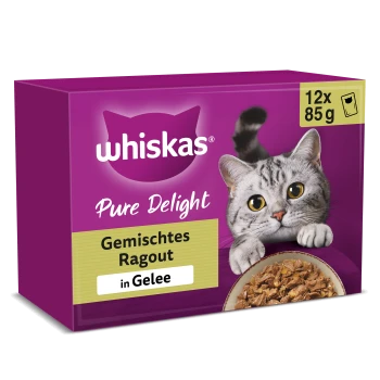 Whiskas Pure Delight Katzenfutterbox (lila) mit grauer Katze, Aufschrift 'Gemischtes Ragout in Gelee' und '12x 85 g'.
