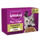Whiskas Pure Delight Katzenfutterbox (lila) mit grauer Katze, Aufschrift 'Gemischtes Ragout in Gelee' und '12x 85 g'.