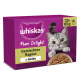 Whiskas Pure Delight Katzenfutterbox (lila) mit grauer Katze, Aufschrift 'Gemischtes Ragout in Gelee' und '12x 85 g'.