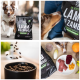 4-teilige Collage: schwarzer Hundefutterbeutel mit der Aufschrift 'LAMM BA ZAMBA!', Hund schnuppert am Beutel, Trockenfutter fällt in eine Schüssel, Fleisch und Gemüse.