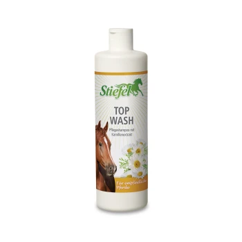 Flasche Stiefel Top Wash Pferdeshampoo mit Kamillenextrakt, mit einem Pferdebild und dem Text "Für empfindliche Pferde."