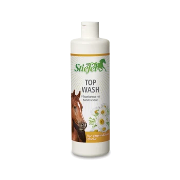 Flasche Stiefel Top Wash Pferdeshampoo mit Kamillenextrakt, mit einem Pferdebild und dem Text "Für empfindliche Pferde."