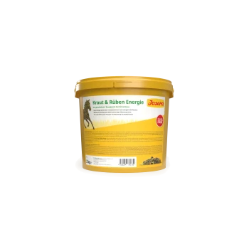 Josera Kraut & Rüben Energie getreidefreies Pferdefutter, 2 kg gelber Behälter mit Pferdebild und Produktdetails.