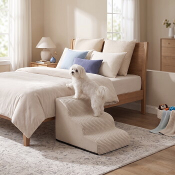 Kleiner weißer, flauschiger Hund auf beige gerippten Haustiertreppen neben einem Holz-Bett in einem hellen, neutralen Schlafzimmer.