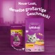 Whiskas Katzenfutterverpackung mit einem 1,9 kg Beutel links und einem größeren Beutel rechts, beide mit Hühnergeschmack.
