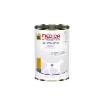Canned dog food labeled "Medica Veterinary Diet Schonkost," with a dog silhouette and multilingual text on gastrointestinal benefits.