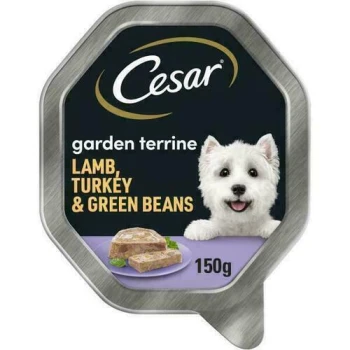 Cesar garden terrine pet food packaging featuring lamb, turkey, and green beans, 150g size.