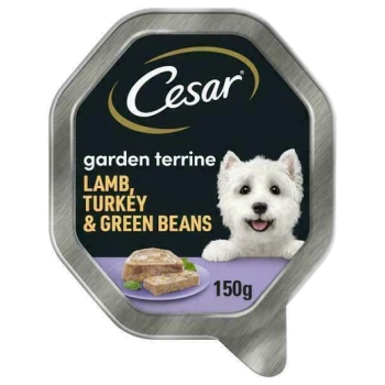 Cesar garden terrine pet food packaging featuring lamb, turkey, and green beans, 150g size.