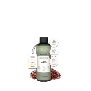 Flasche Alphazoo kaltgepresstes Leinöl für Hunde und Katzen mit Leinsamen und Produktbewertungsetikett.