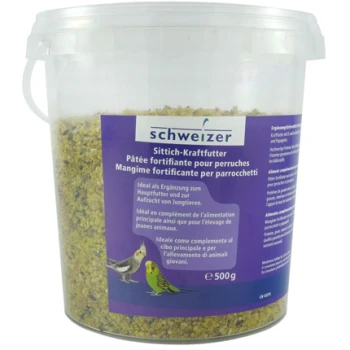 Conteneur de Schweizer Stitch-Krafftutter, une pâte fortifiée pour perroquets, 500g, avec un texte multilingue décrivant son utilisation comme complément.