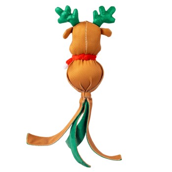 Brown fabric reindeer dog toy with green antlers, red collar, and long dangling legs on white background.