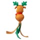 Brown fabric reindeer dog toy with green antlers, red collar, and long dangling legs on white background.