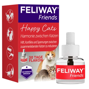 FELIWAY Friends Happy Cats-doos en 48 ml flesje; zichtbare tekst: 'Harmonie tussen katten', '30 dagen flesje'